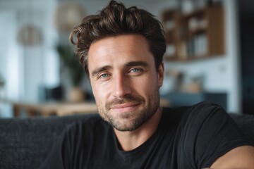 Obraz premium authentic portrait of handsome brunette European man 40 years old in black t-shirt at living room, lifestyle, family man