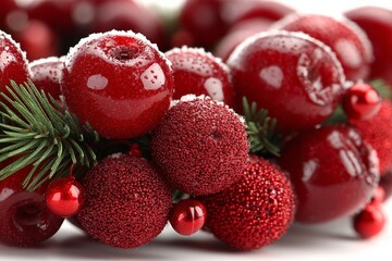 Festive red ornaments and berries arranged with pine branches for winter holiday decoration