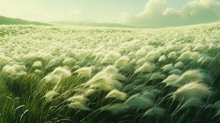 A vast field of tall grass swaying in the wind, the grass tips bending as if dancing with the breeze.