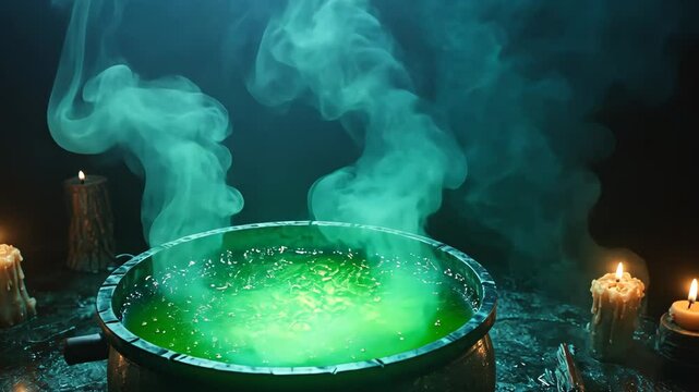 Enchanting green cauldron with bubbling potion and mystical smoke in candlelit ambiance