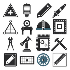 Set of engineering icons related to machinery and development