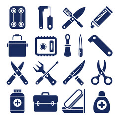 Assorted tools and supplies icons collection in solid navy color