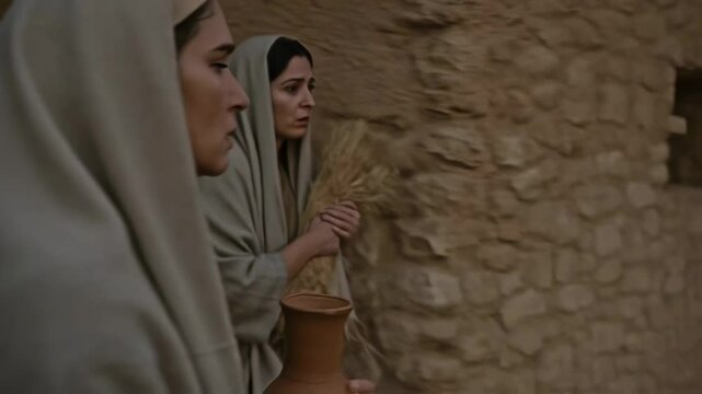 Women of ancient biblical times walking on a Jewish street. Biblical story where women go to the tomb of Jesus Christ, the apostles. Religious Easter Bible story
