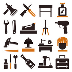 Icon set of various construction and manufacturing tools