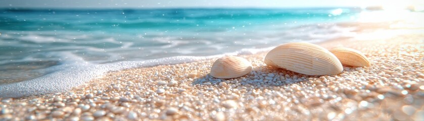 Summer Beach Comcept, Beach scene with seashells, soft waves, and sparkling water under a clear blue sky.