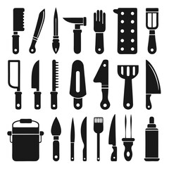 Set of Various Kitchen Tools Icons Black and White
