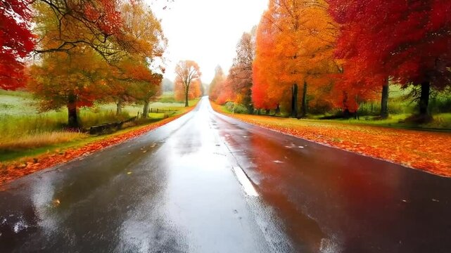A solitary road lined with vibrant autumn foliage stretches into the distance, reflecting the sky in its wet asphalt after a recent rain.