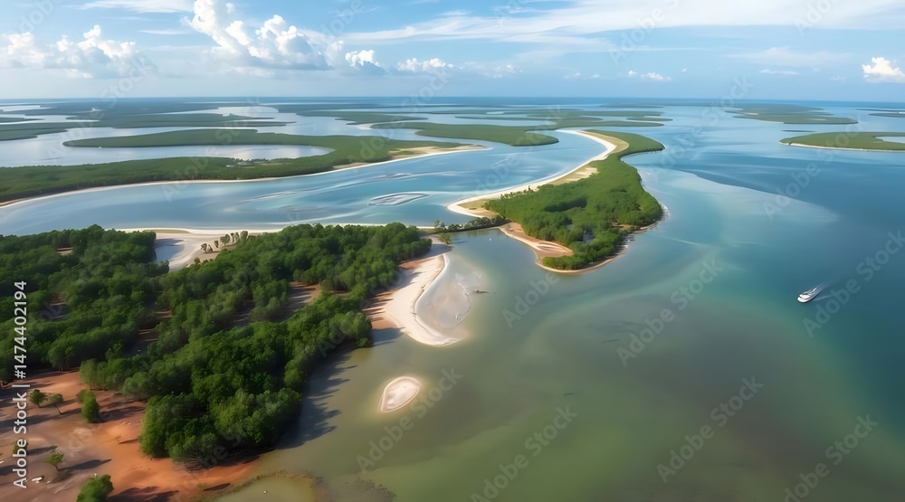 Poster ターコイズブルーの海と緑豊かな島々の熱帯の風景の航空写真 インドネシアの楽園の島の自然の海岸線