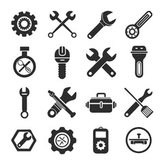 Illustrative monochrome collection of hand tools and industry equipment