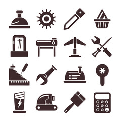 Hand drawn icons illustrating various tools and industrial equipment