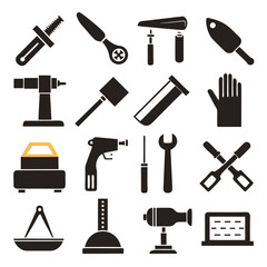 Silhouette icons of assorted repair and workshop tools