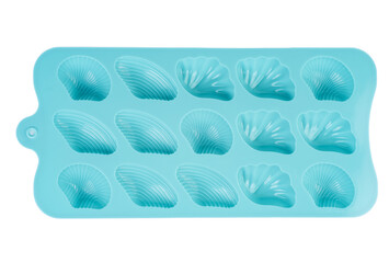 Blue silicone mold for chocolate isolated on a white background. Top view