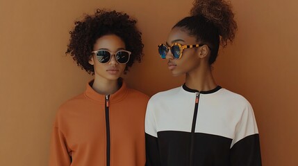 Dynamic representation of athleisure fashion where models wear stylish tracksuits bold sneakers and oversized sunglasses in a gym inspired backdrop Perfect for activewear campaigns