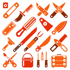 Orange and brown tool icons arranged in graphic design