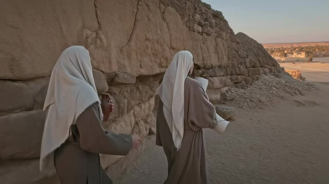 Women of ancient biblical times walking on a Jewish street. Biblical story where women go to the tomb of Jesus Christ, the apostles. Religious Easter Bible story