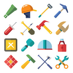 Vector set of various construction tools and building equipment