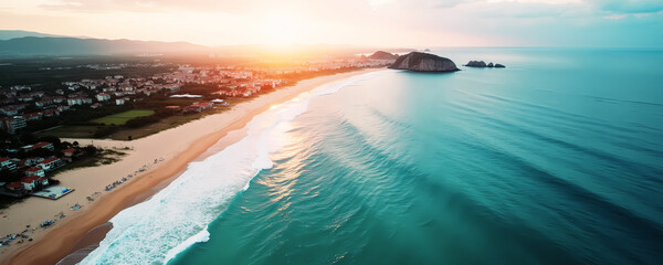 Vista aerea panoramica di ampia costiera con mare ceruleo e sole al tramonto, alba