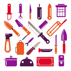Vibrant set of assorted kitchen utensil icons on white