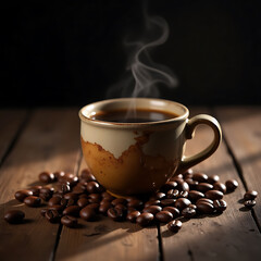 coffee cup, steam, coffee beans, wood table