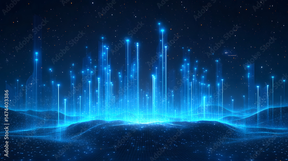 Poster futuristic digital landscape with electric blue grid terrain and glowing light beams under a starry 
