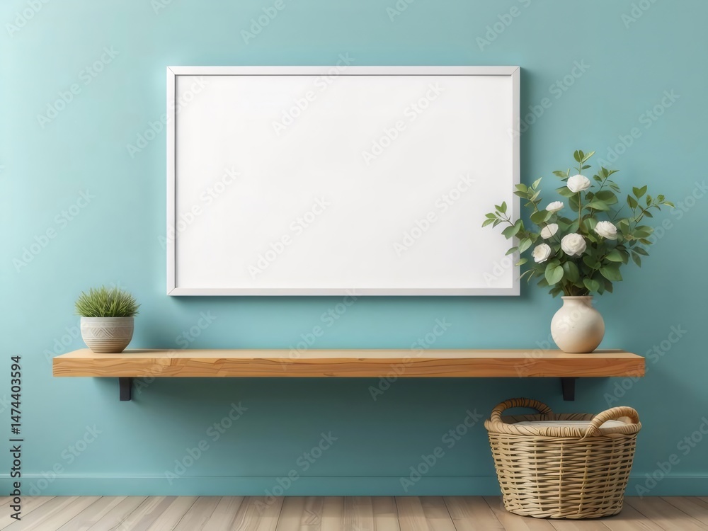 Poster ターコイズの壁の背景に木製の棚と白いフレームのモックアップ 花とバスケットのあるミニマリストのインテリア デザイン