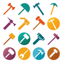 Collection of colorful stylized hammers and hand tools icons