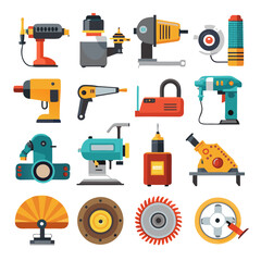 Assorted power tools in flat vector cartoon style design