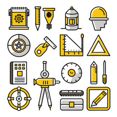 Engineering and construction icons set with technical instruments design