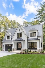 Modern white house with black accents nestled among trees showcases elegant architecture in a peaceful suburban setting during bright daylight