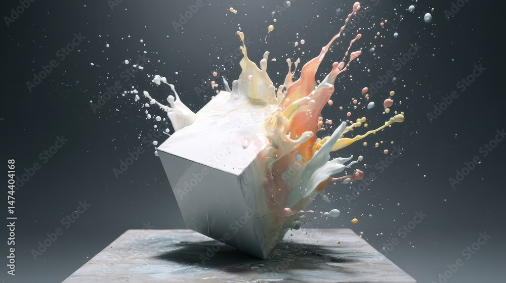 Poster in slow motion, vibrant paint splashes dramatically from a floating cube, creating a mesmerizing dis