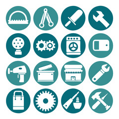 Circular icon set featuring various tools and equipment