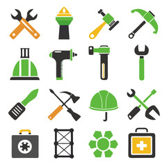 Flat icon set of tools and construction equipment elements