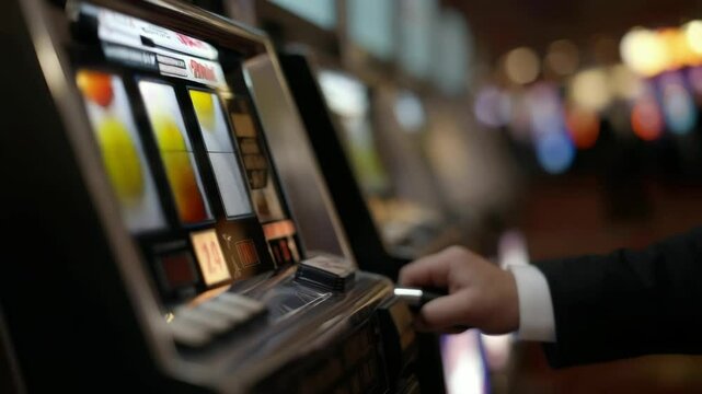 Excitement of Casino Gaming Players Chance at Colorful Slot Machine Symbols in Vibrant Entertainment Atmosphere