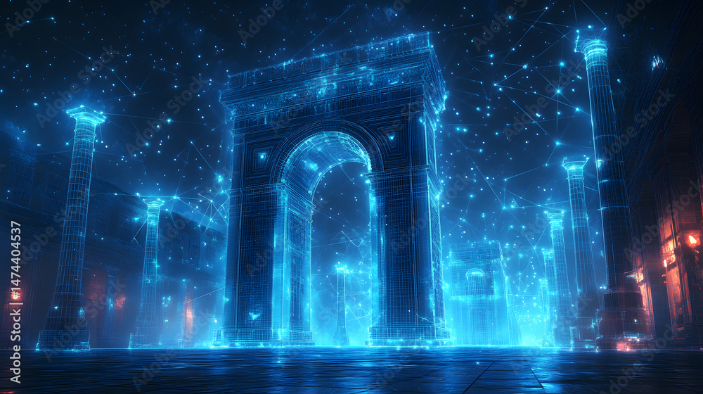 Poster Futuristic Arc de Triomphe with wireframe design. Digital architecture blends classical forms with modern technology. Figures add scale to the glowing blue spectacle. Abstract wireframe in dark blue