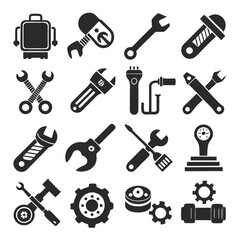 Collection of repair and service tools in black silhouettes