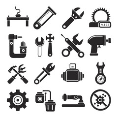 Various tools and machines depicted in flat black silhouettes