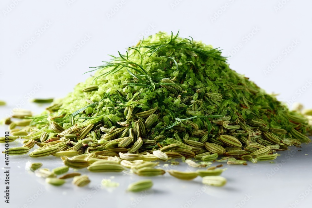 Poster freshly chopped herbs and spices arranged in a mound on a clean surface for culinary use