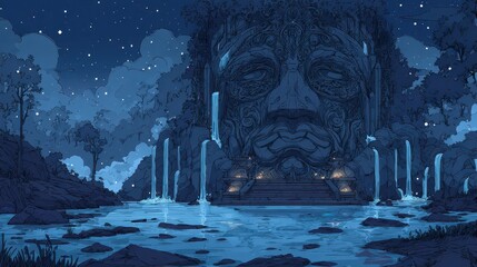 A massive stone sculpture with detailed carvings stands majestically, illuminated by glowing lights. Waterfalls cascade into a serene body of water, under a starry night sky