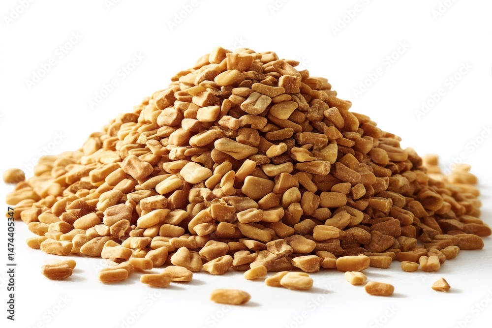 Poster fenugreek seeds piled on a white surface highlighting their texture and color in natural light
