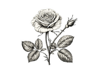 Engraving of Rose Blooming, vintage botanical flower art, hand-drawn illustration, antique print, sketch, rose blossom, summer flower, floral decor, black sketch, old engraving style