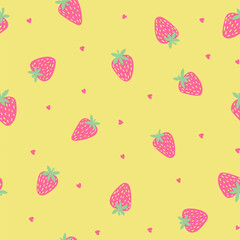 Strawberry seamless pattern with hand-drawn berries and leaves for fabrics and summer decoration. Seamless fruit design, vector berries, summer fruit motif, hand-drawn strawberries background