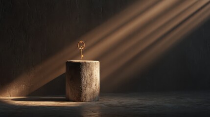 A key appears to levitate above a stone pedestal, bathed in warm rays of light. The surrounding darkness enhances the glowing effect, creating a mysterious atmosphere