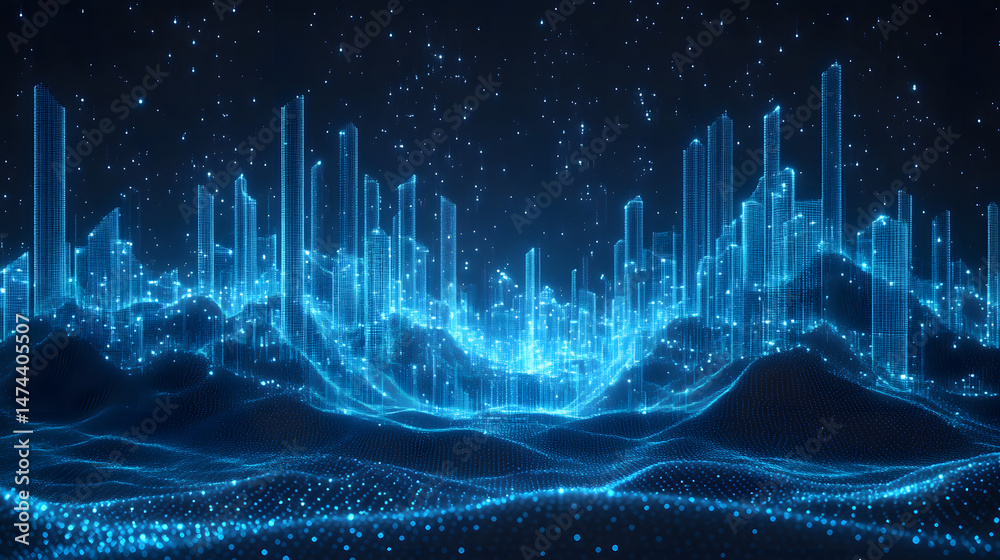 Poster futuristic cityscape rendered in glowing blue. tall, grid-like buildings dominate a dark background 