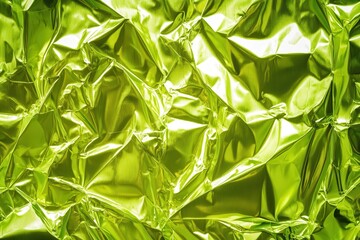 Crinkled, bright lime green foil, abstract texture.  Close-up view of crumpled metallic surface
