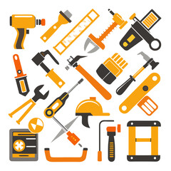 Collection of flat design construction tools on a white background