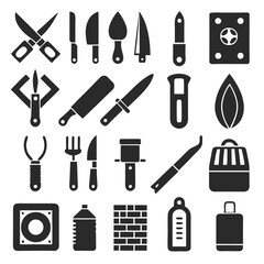 Assorted silhouette icons representing various tools and objects
