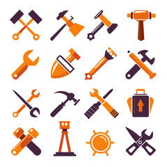 Construction tools collection vector flat color icon set