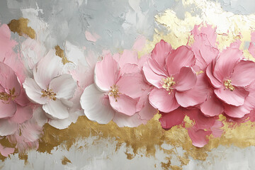 Abstract oil painting featuring pink and white flowers on a light grey background, accented with gold, capturing the beauty of nature and modern elegance in a minimalistic design