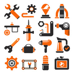Orange and black icon set of industrial tools vector