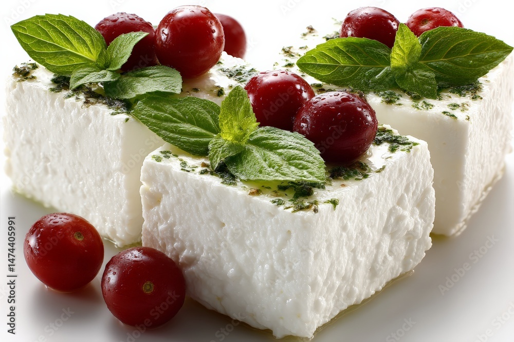 Aufkleber fresh cheese with herbs and red fruits on a white background in a culinary presentation